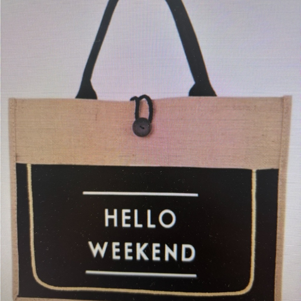 Hello Weekend Burlap Tote Bag with Black Pocket - Picture 7 of 9
